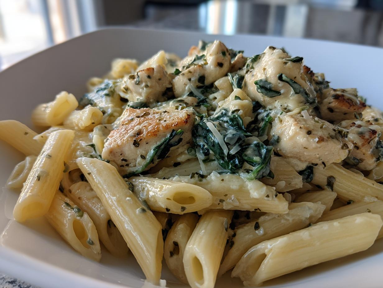 Close-up of a bowl of creamy chicken spinach pasta featuring penne, seasoned chicken pieces, and wilted spinach.