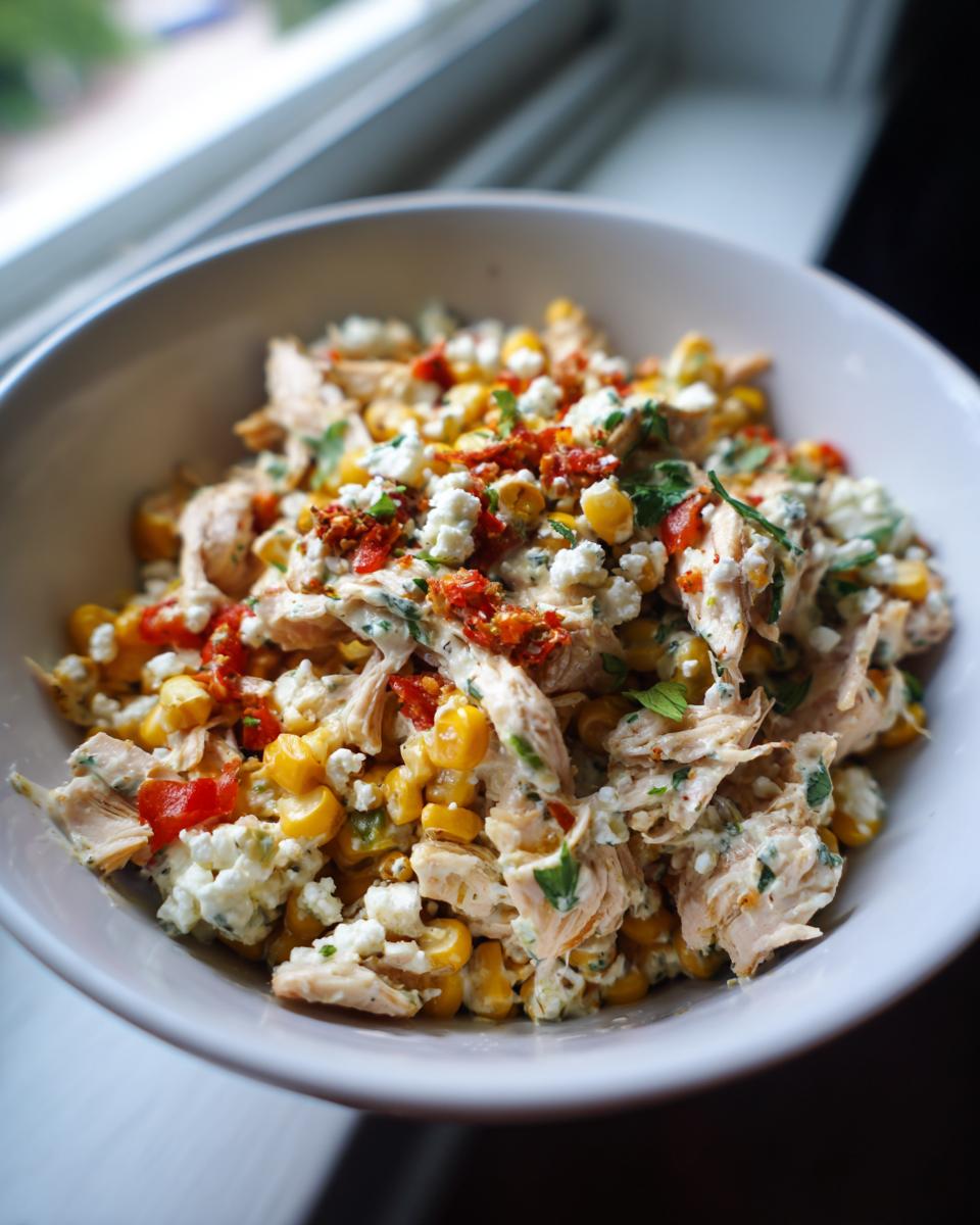 Close-up of a white bowl filled with creamy chicken street corn salad featuring shredded chicken, yellow corn, and crumbled white cheese.