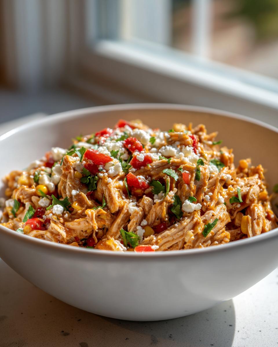 Close-up of shredded chicken street corn salad topped with cotija cheese, diced tomatoes, and cilantro in a white bowl.