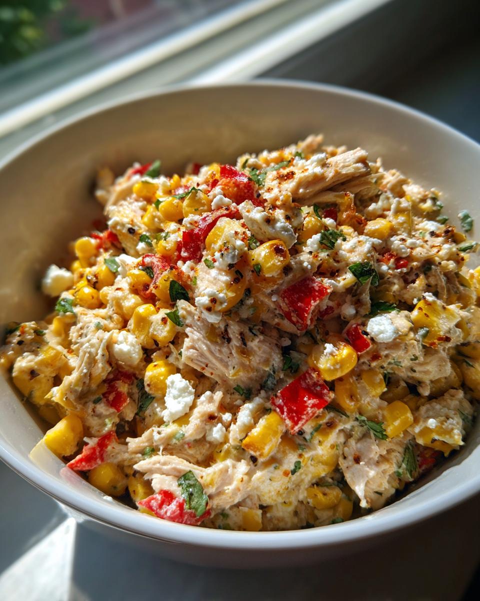 A close-up view of the amazing chicken street corn salad, featuring shredded chicken, charred corn, red peppers, and crumbled white cheese.