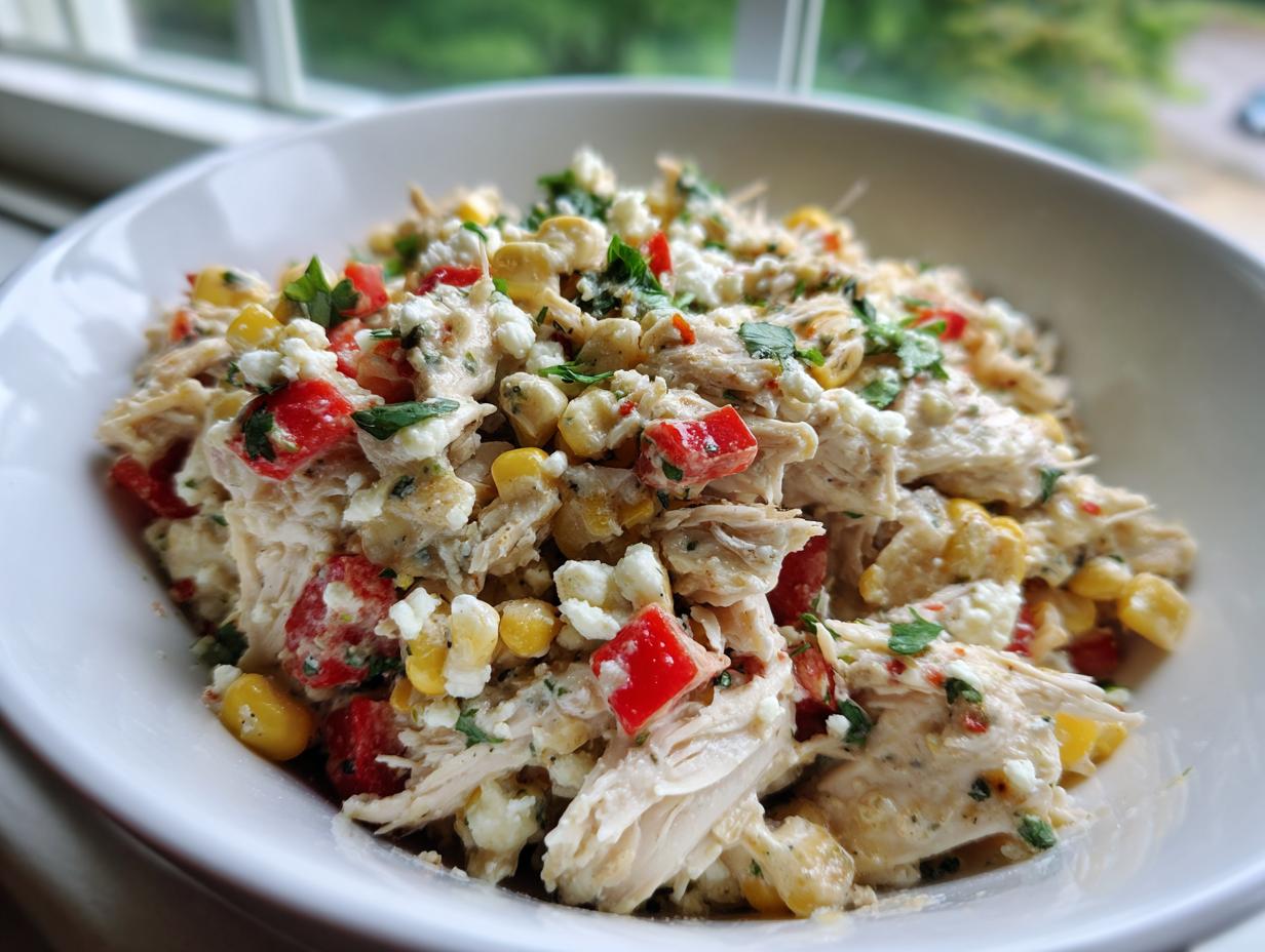Close-up of a white bowl filled with creamy chicken street corn salad featuring shredded chicken, corn, red peppers, and cotija cheese.