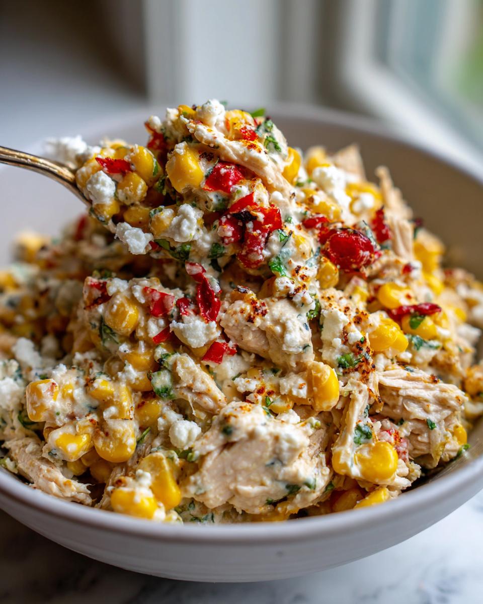 A spoonful of creamy chicken street corn salad showing shredded chicken, corn kernels, cotija cheese, and red peppers.