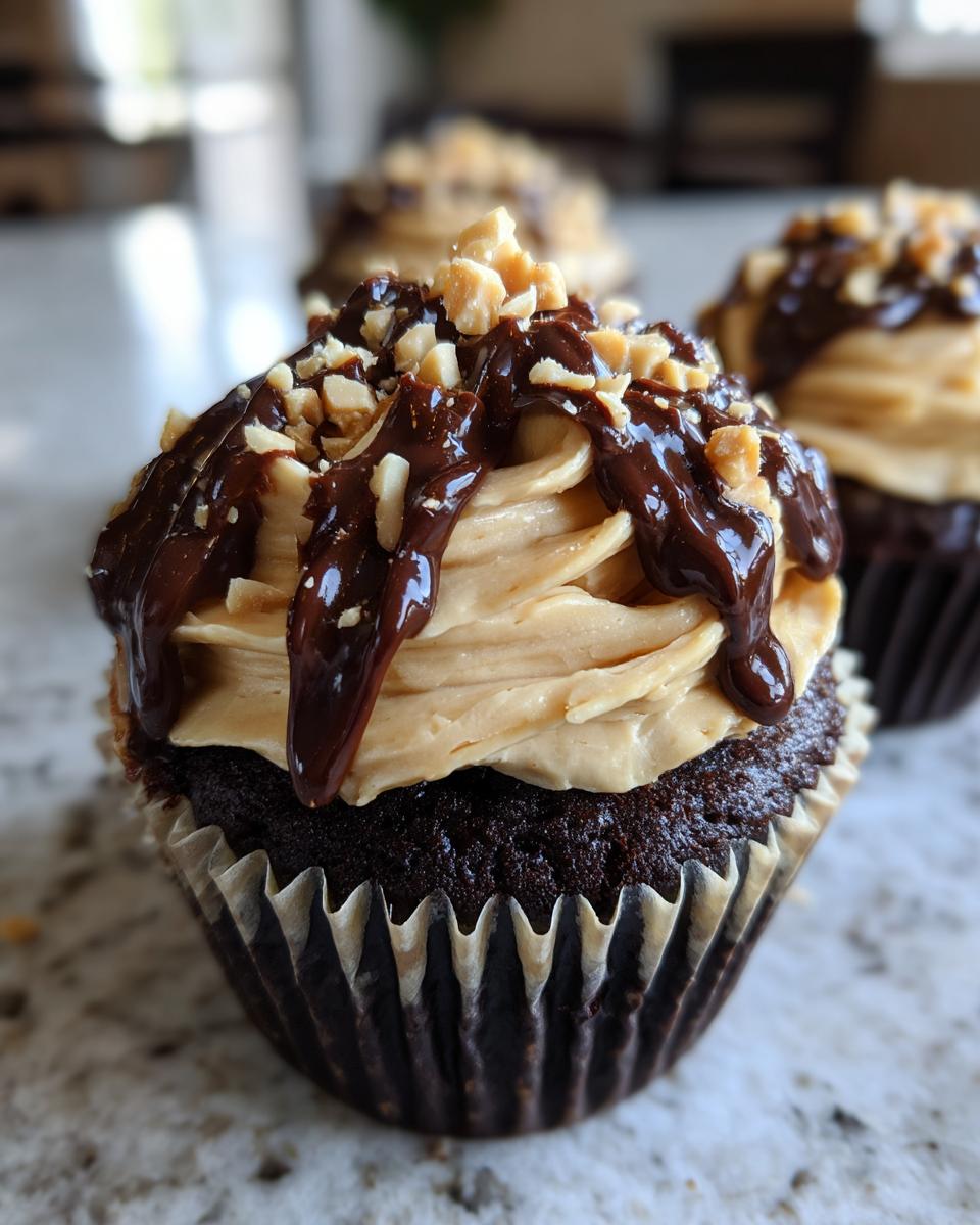 A close-up of a decadent chocolate peanut butter cupcakes topped with peanut butter frosting, chocolate drizzle, and chopped peanuts.