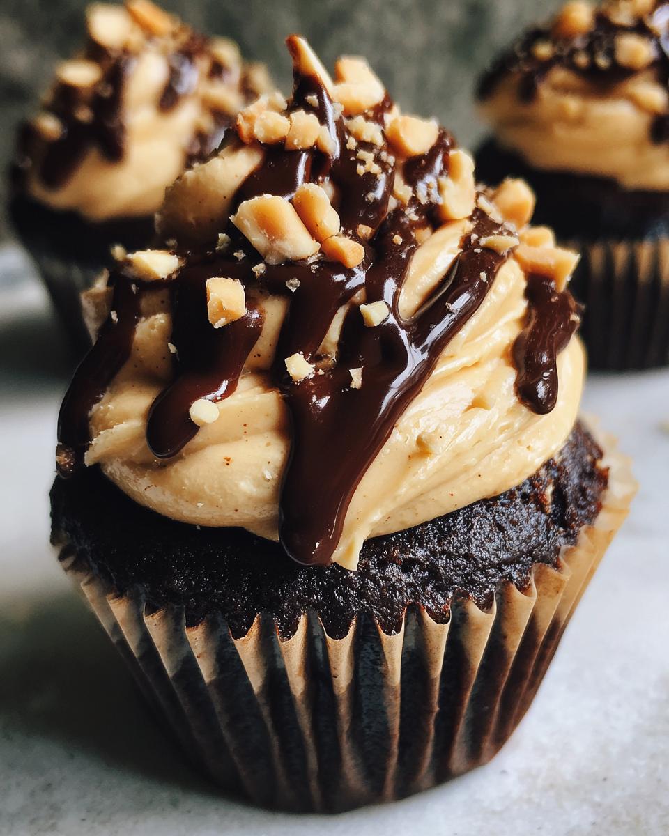 Close-up of a decadent chocolate peanut butter cupcakes topped with peanut butter frosting, chocolate drizzle, and chopped peanuts.