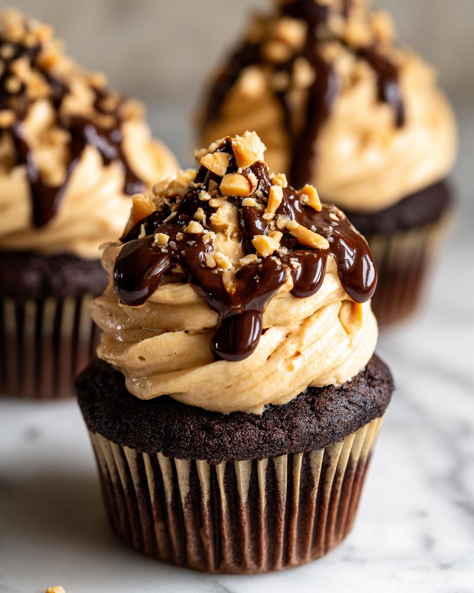 Close-up of a decadent chocolate peanut butter cupcakes topped with peanut butter frosting, chocolate drizzle, and chopped peanuts.