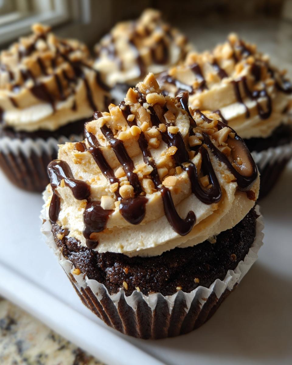 A close-up of a decadent chocolate peanut butter cupcakes topped with peanut butter frosting, chocolate drizzle, and chopped peanuts.