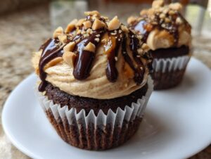 A close-up of a rich chocolate peanut butter cupcakes topped with peanut butter frosting, chocolate drizzle, and chopped peanuts.
