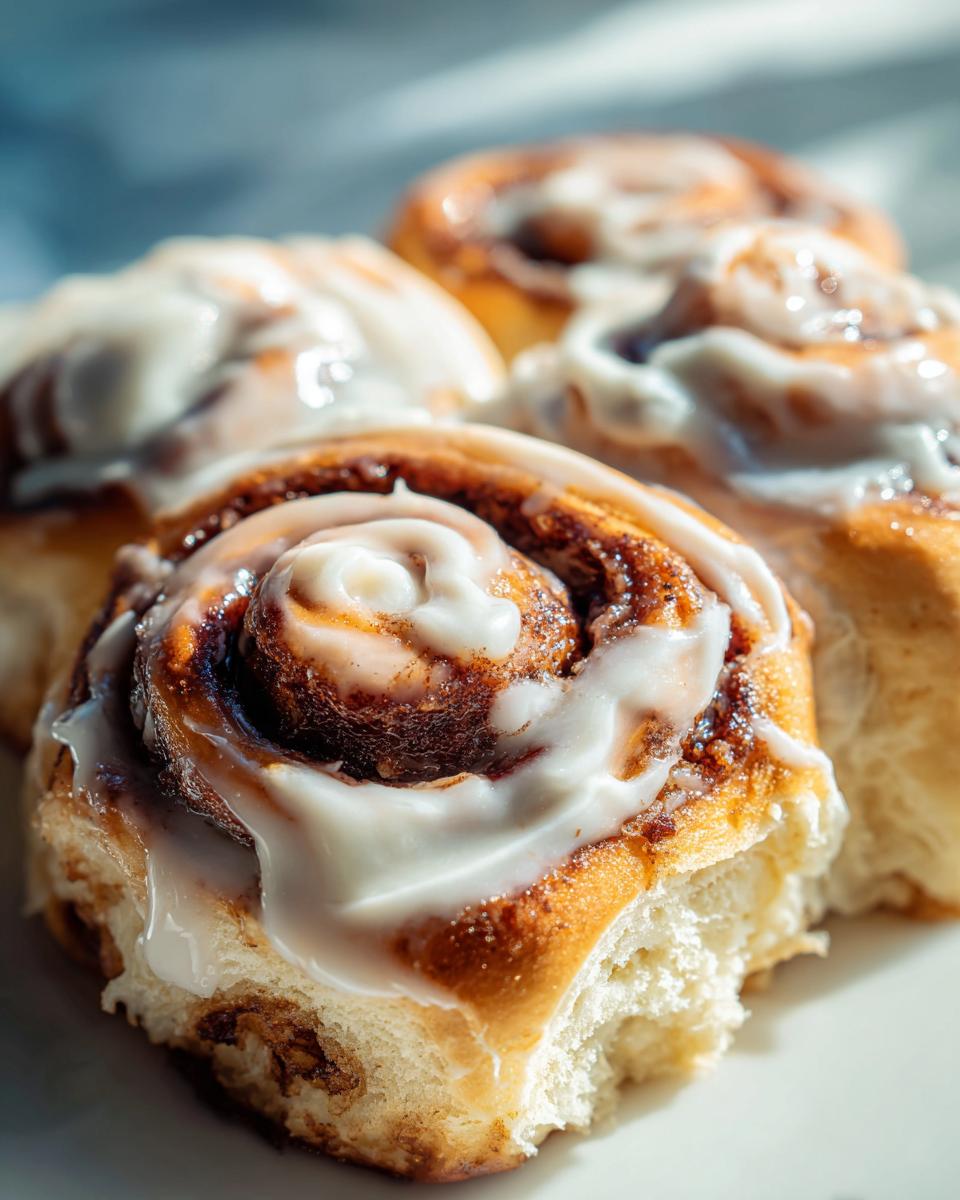 Close-up of a fluffy, freshly baked cinnamon rolls recipe covered in thick white icing.