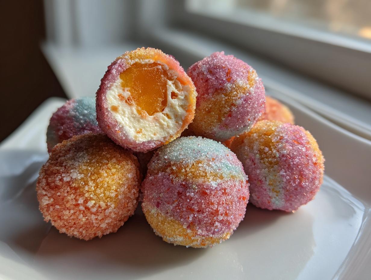 A stack of colorful, sugar-coated christmas jello balls, one cut open revealing a white cream filling and orange jello center.