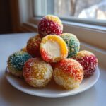 A stack of colorful, sugar-coated christmas jello balls on a white plate, one is cut open revealing a creamy white center.