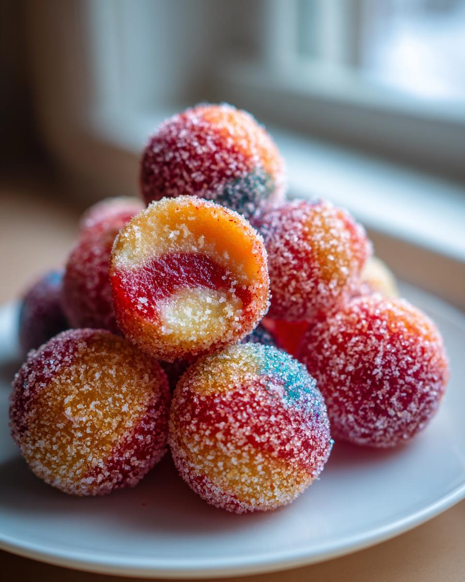 A stack of colorful, sugar-coated Christmas jello balls, with one cut in half showing a bright red jelly center.