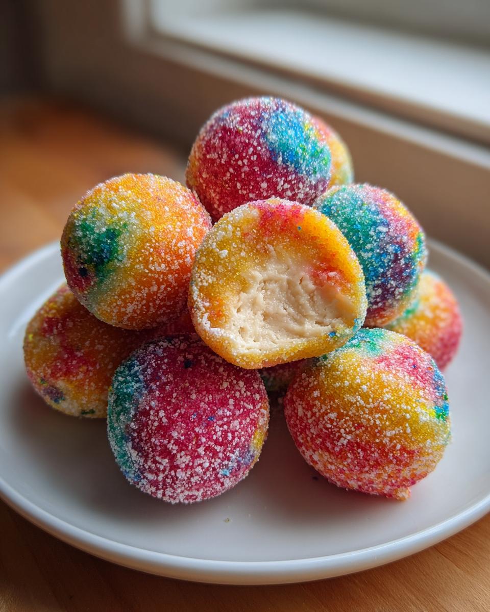 A stack of vibrant, rainbow-colored Christmas jello balls coated in sugar, with one ball cut open showing the creamy interior.