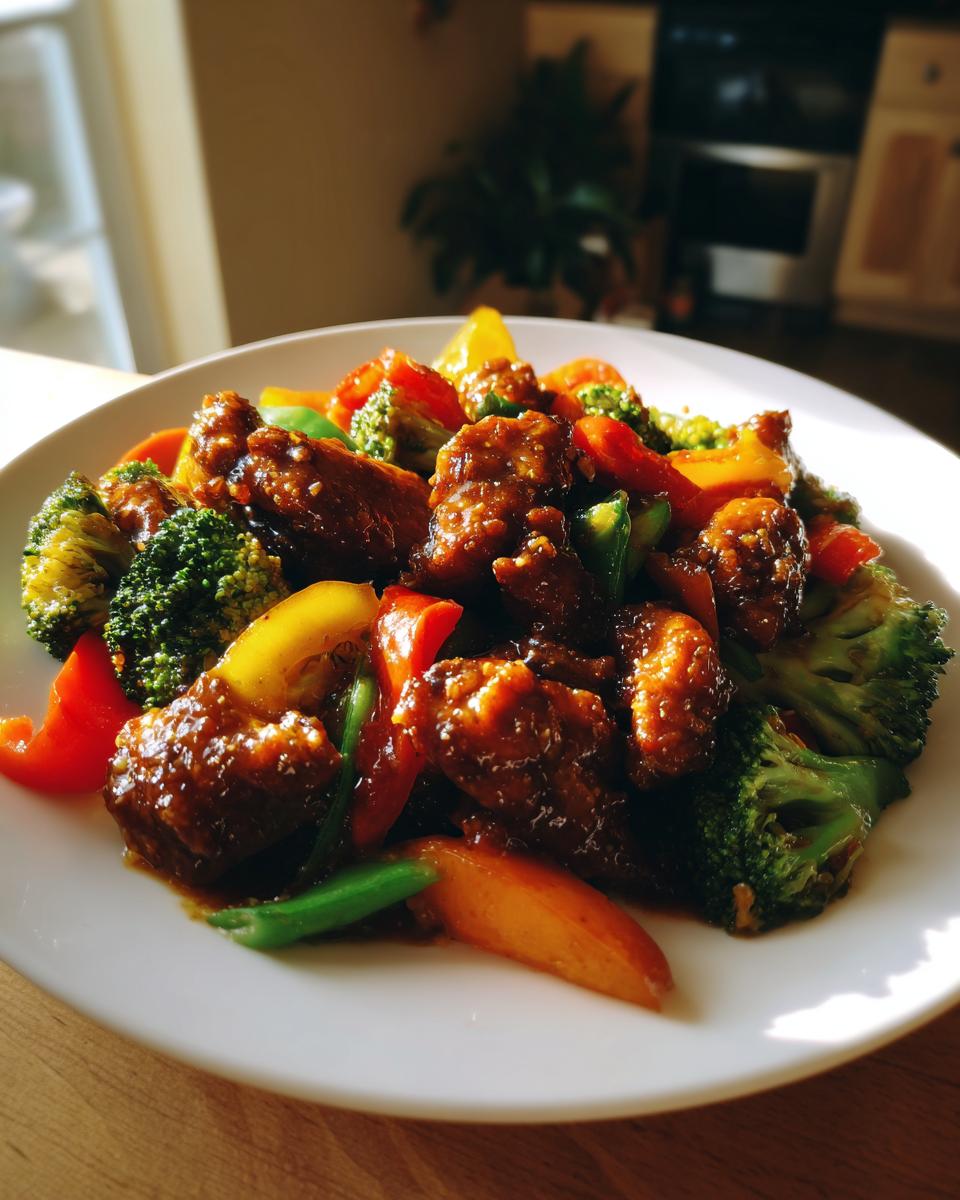 A close-up of a vibrant teriyaki chicken stir fry featuring glossy chicken pieces mixed with bright broccoli, red and yellow bell peppers.