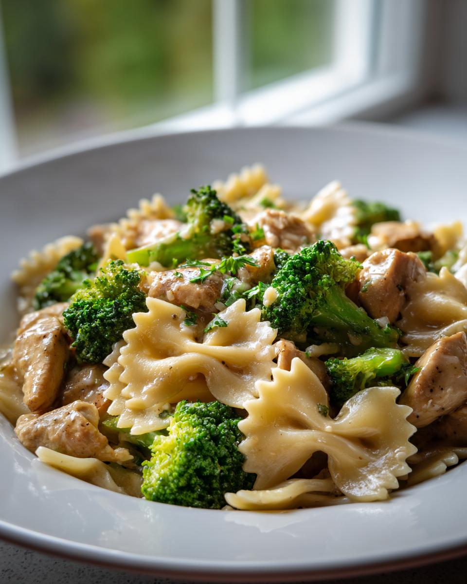 Close-up of cowboy butter lemon bowtie chicken pasta mixed with bright green broccoli florets in a creamy sauce.