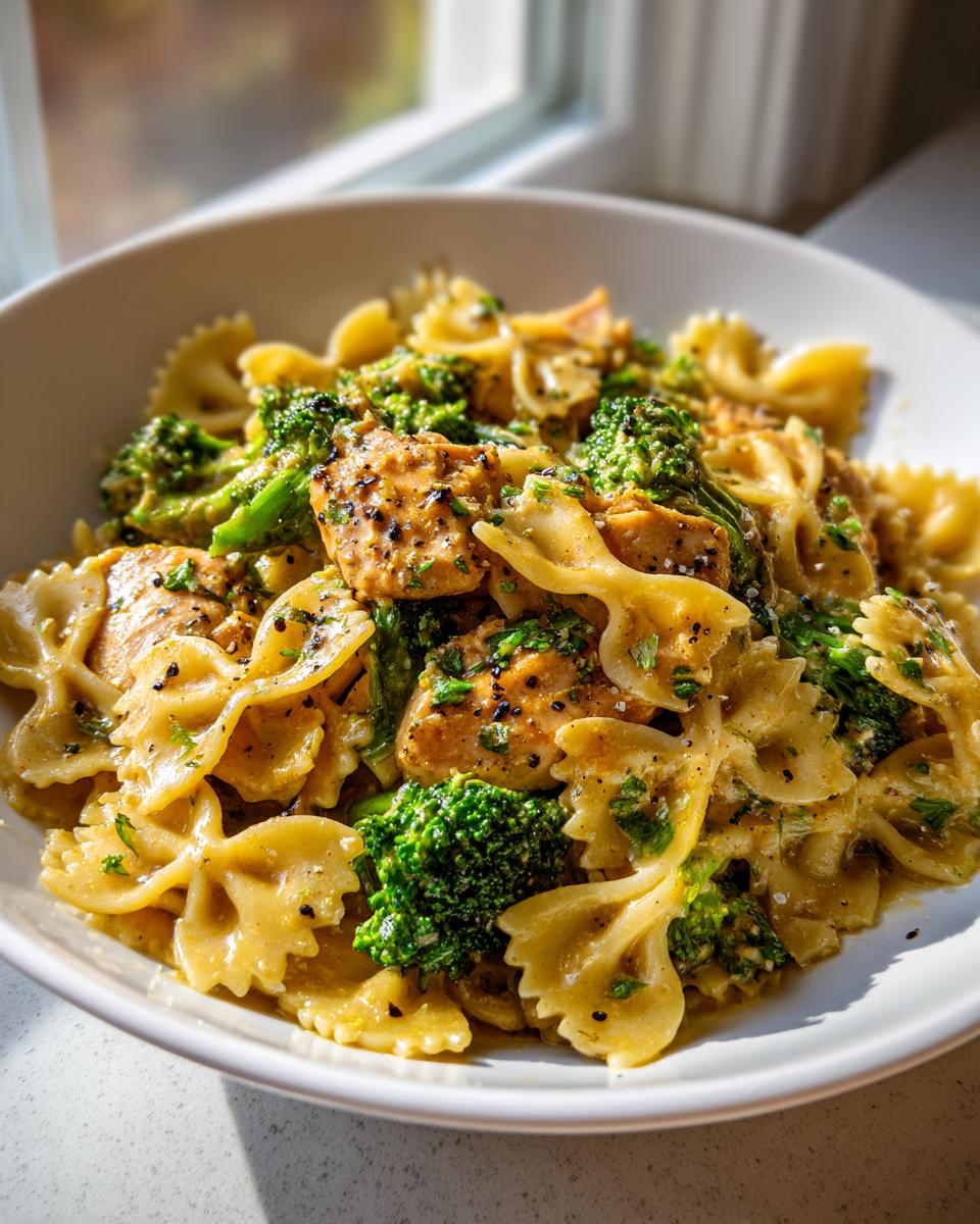 Close-up of cowboy butter lemon bowtie chicken pasta mixed with bright green broccoli florets in a white bowl.