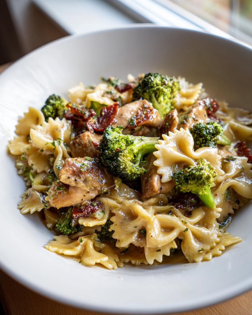 Close-up of cowboy butter lemon bowtie chicken pasta mixed with broccoli florets and sun-dried tomatoes in a creamy sauce.