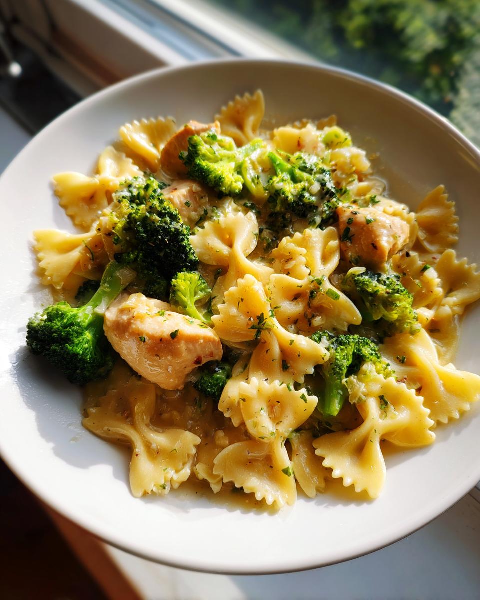 A close-up of cowboy butter lemon bowtie chicken pasta mixed with bright green broccoli florets in a creamy sauce.