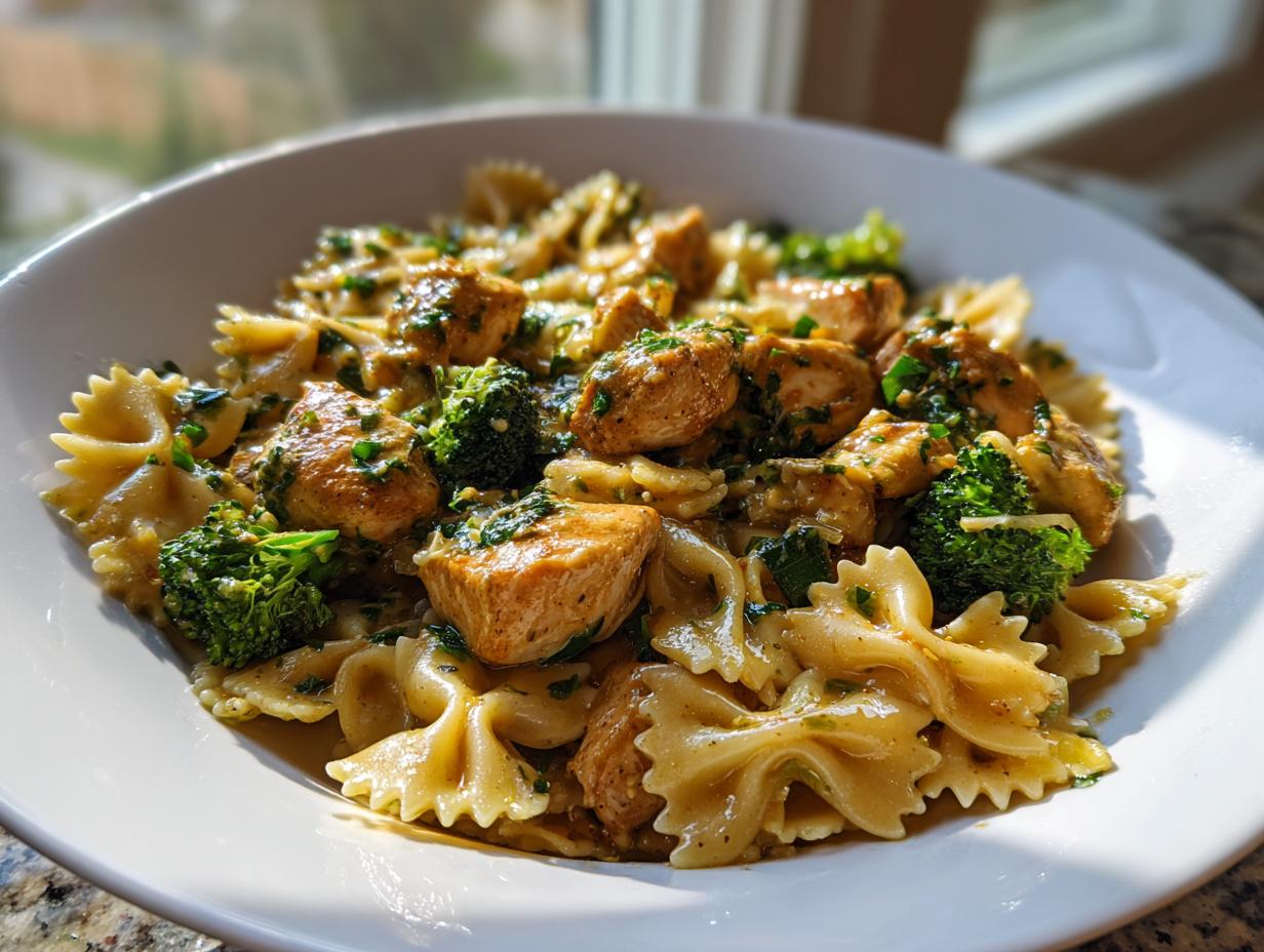 A white bowl filled with cowboy butter lemon bowtie chicken, farfalle pasta, and bright green broccoli florets.