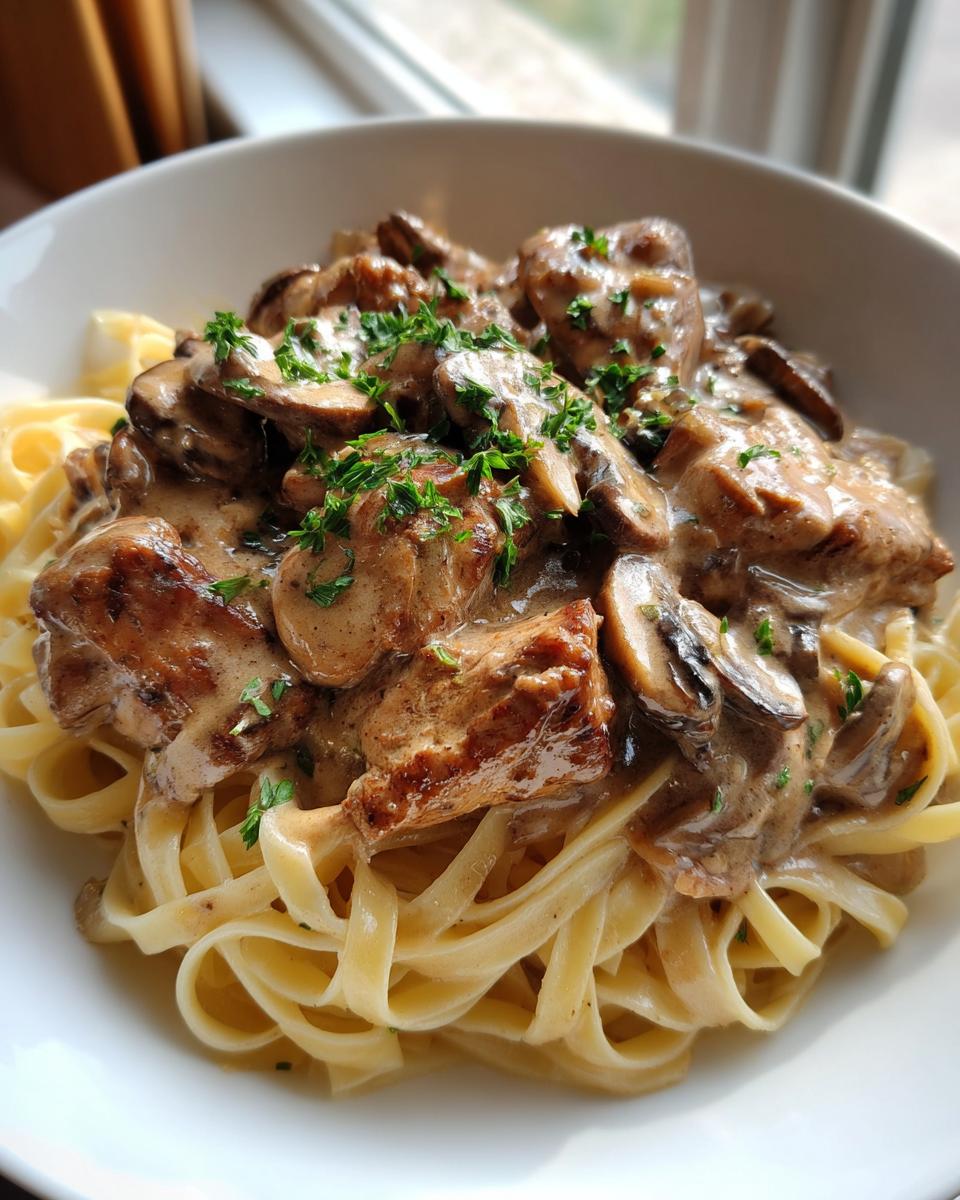 A close-up of creamy chicken marsala pasta featuring fettuccine noodles topped with chicken pieces, mushrooms, and parsley.