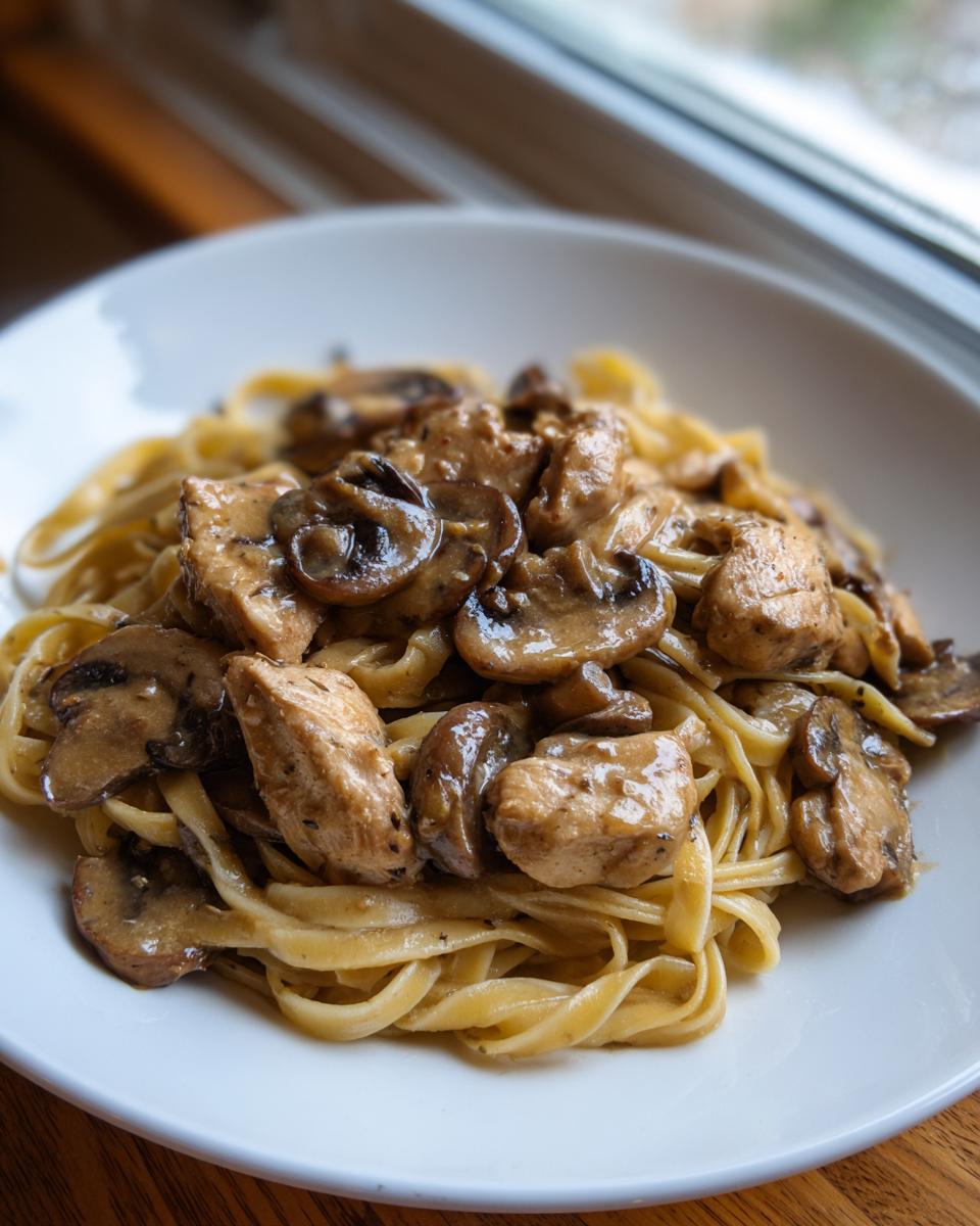 A close-up view of creamy chicken marsala pasta featuring tender chicken pieces and sautéed mushrooms over fettuccine noodles.