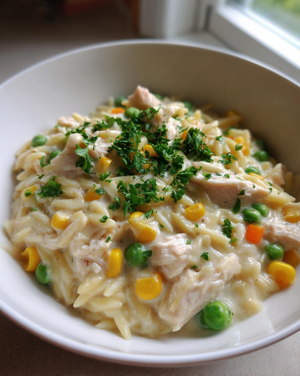 A close-up of creamy chicken pot pie orzo mixed with peas and corn, topped with fresh parsley.