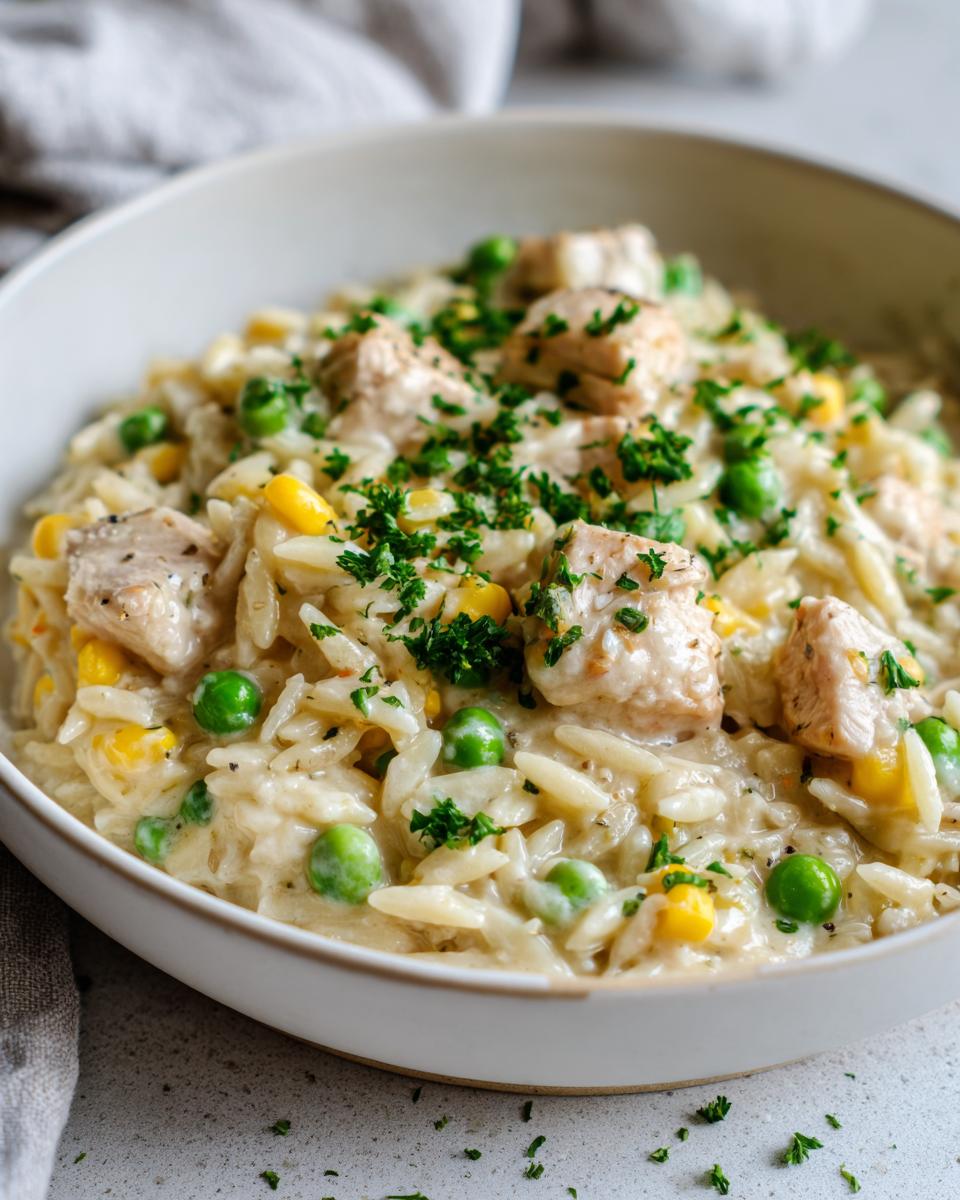 Close-up of creamy chicken pot pie orzo with peas, corn, and chopped parsley garnish.