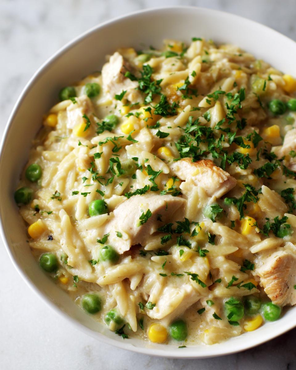 Close-up of creamy chicken pot pie orzo with peas, corn, and fresh parsley garnish in a white bowl.
