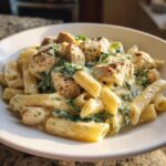 Close-up of creamy chicken spinach pasta featuring penne, seasoned chicken pieces, and wilted spinach in a white bowl.