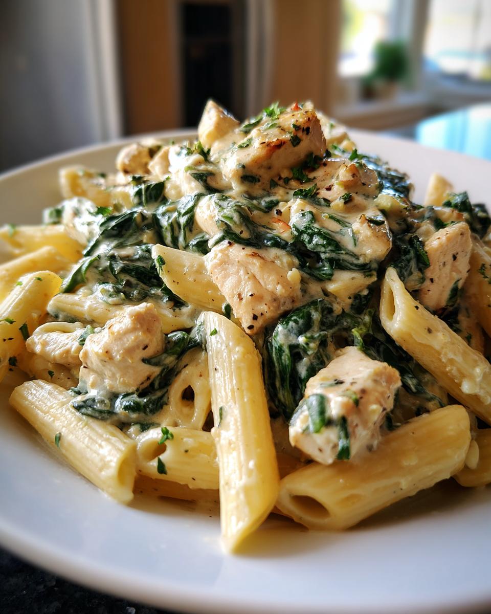 Close-up of creamy chicken spinach pasta featuring penne, diced chicken, and wilted spinach in a rich sauce.