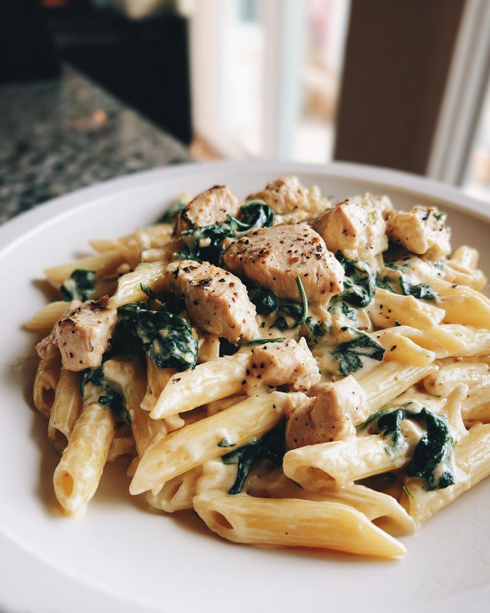 Close-up of creamy chicken spinach pasta featuring penne noodles, chunks of seasoned chicken, and wilted spinach.