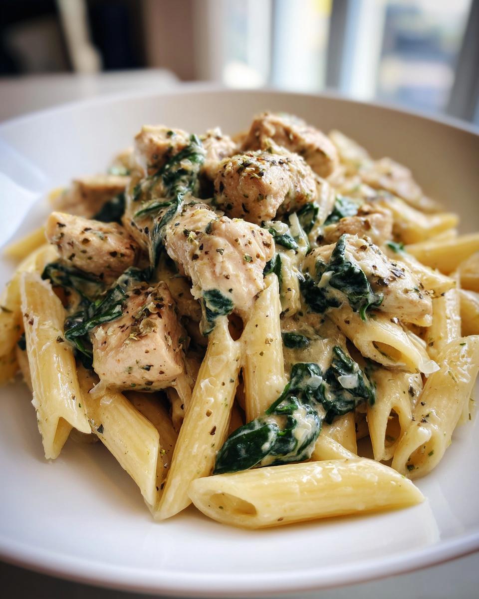 Close-up of creamy chicken spinach pasta featuring penne, seasoned chicken chunks, and wilted spinach.