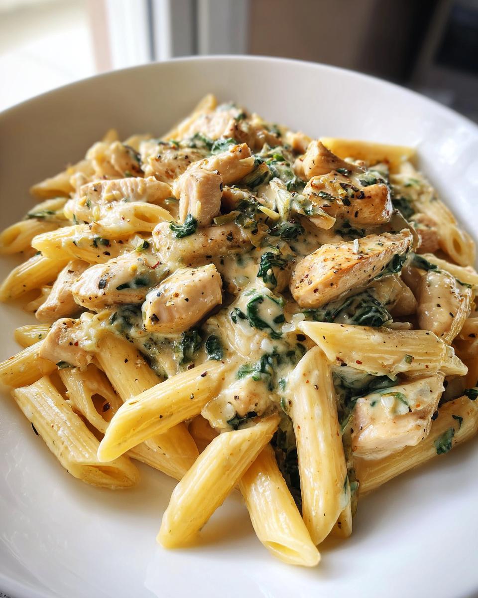 Close-up of creamy chicken spinach pasta featuring penne, diced chicken, and wilted spinach in a rich sauce.