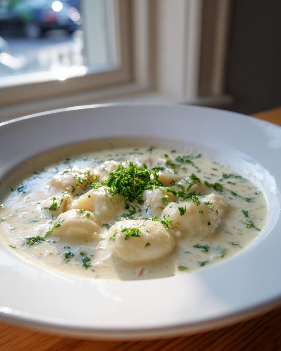 A close-up of creamy crab soup featuring white dumplings and garnished heavily with fresh parsley.