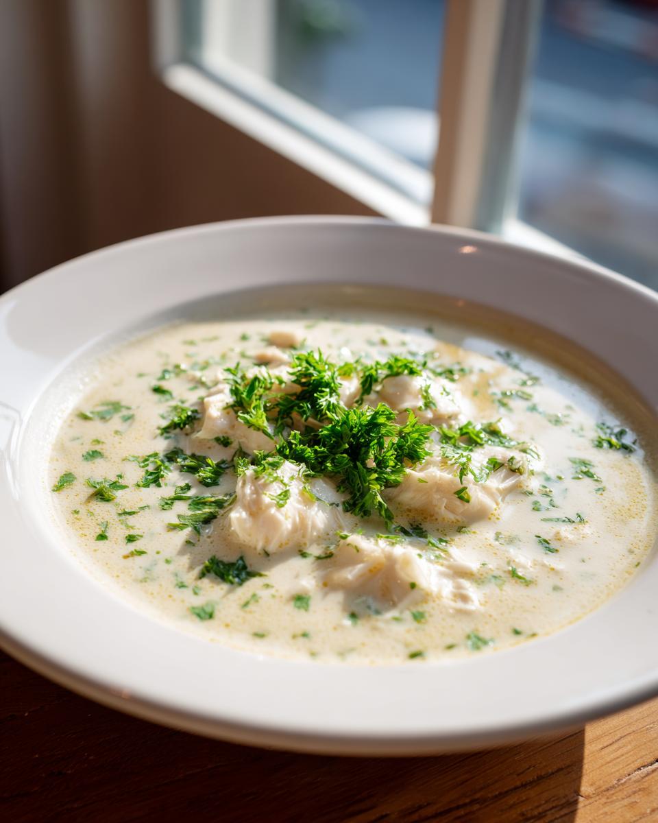 A close-up of a white bowl filled with creamy crab soup, topped generously with fresh green parsley.
