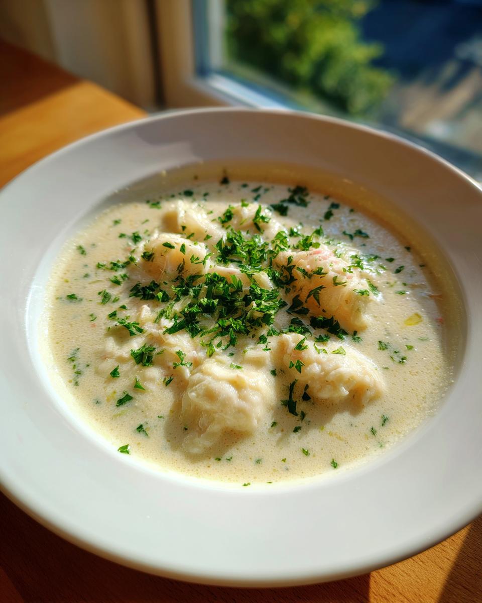 A close-up of a white bowl filled with creamy crab soup, topped generously with fresh chopped parsley.