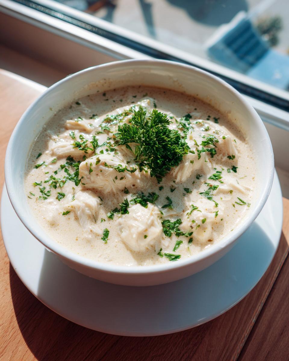 A close-up of a bowl of creamy crab soup loaded with shredded crab meat and topped with fresh parsley.