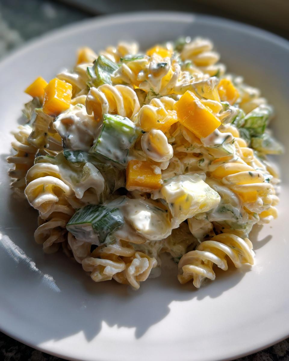 A close-up of creamy dill pickle pasta salad featuring rotini pasta, green pickle pieces, and yellow bell pepper chunks.