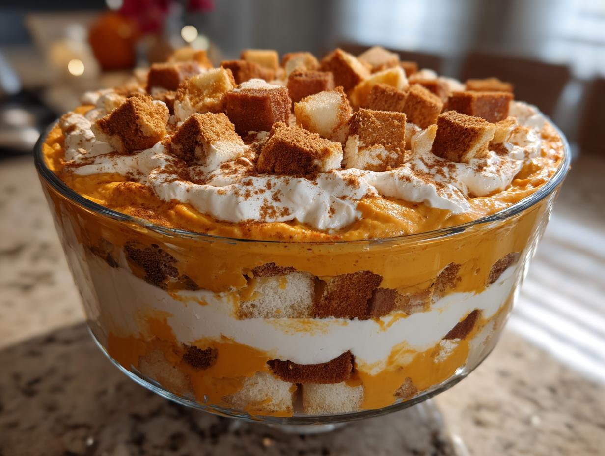 A layered creamy pumpkin trifle dessert featuring orange pumpkin filling, white cream, and cake cubes, topped with whipped cream and cinnamon.