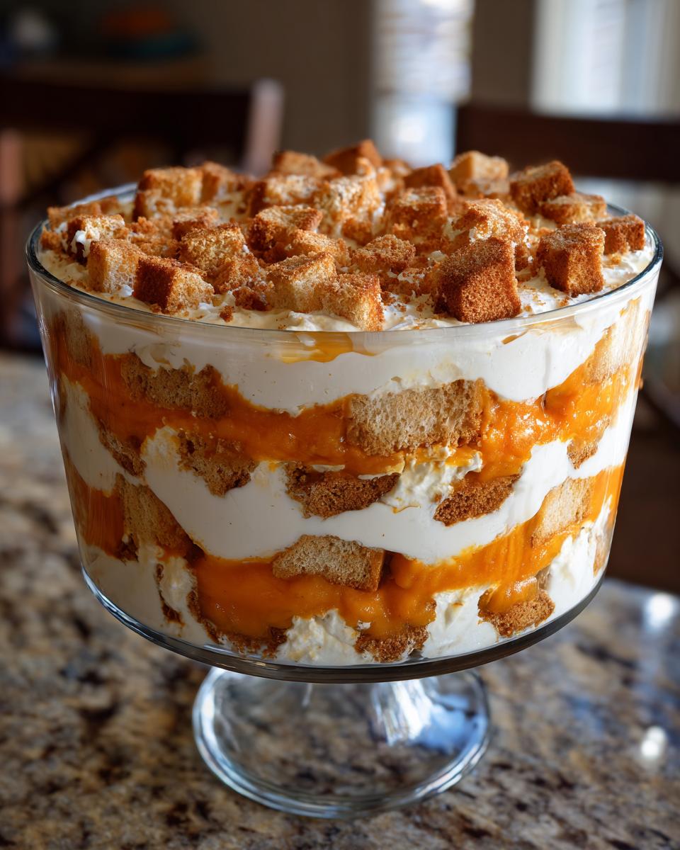 A large glass trifle bowl filled with a layered creamy pumpkin trifle dessert, showing layers of whipped cream, pumpkin filling, and cake cubes.