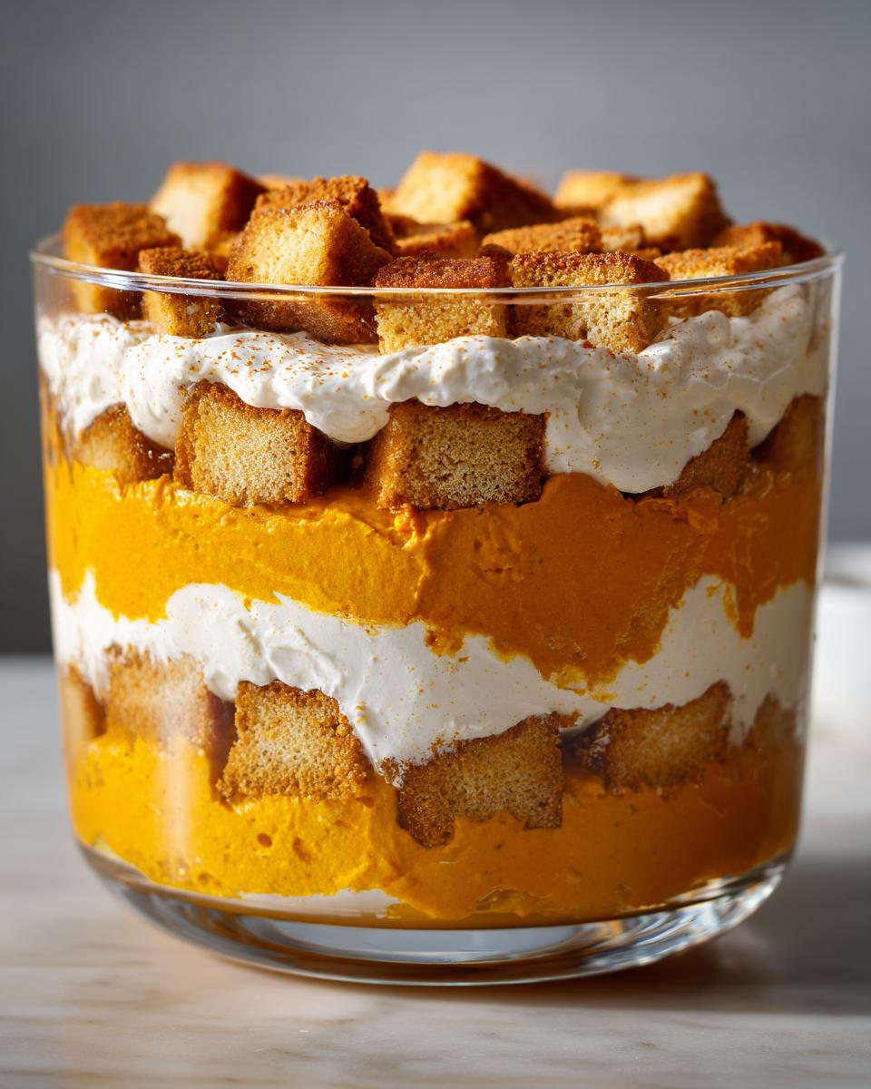 Close-up of a layered creamy pumpkin trifle dessert in a clear glass bowl, topped with cake cubes and whipped cream.