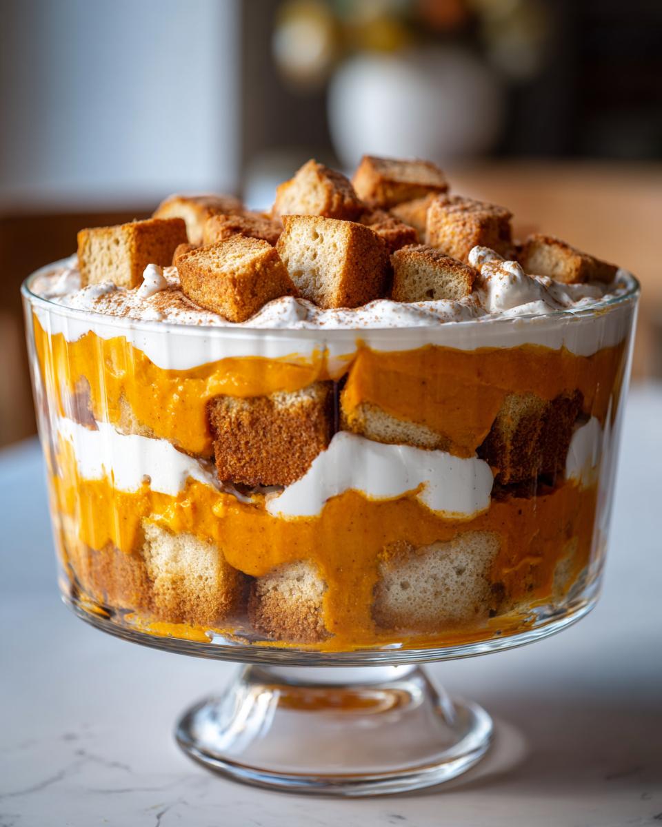 Close-up of a layered creamy pumpkin trifle dessert featuring orange pumpkin filling, white cream, and sponge cake cubes, topped with more cake.