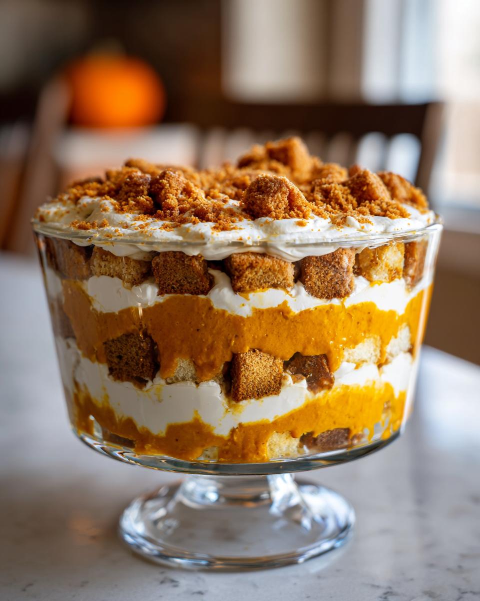 A beautiful, layered creamy pumpkin trifle dessert in a clear glass pedestal bowl, topped with crumbs.