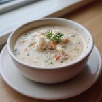A creamy, rich bowl of she crab soup topped generously with lump crab meat and a sprig of parsley garnish.