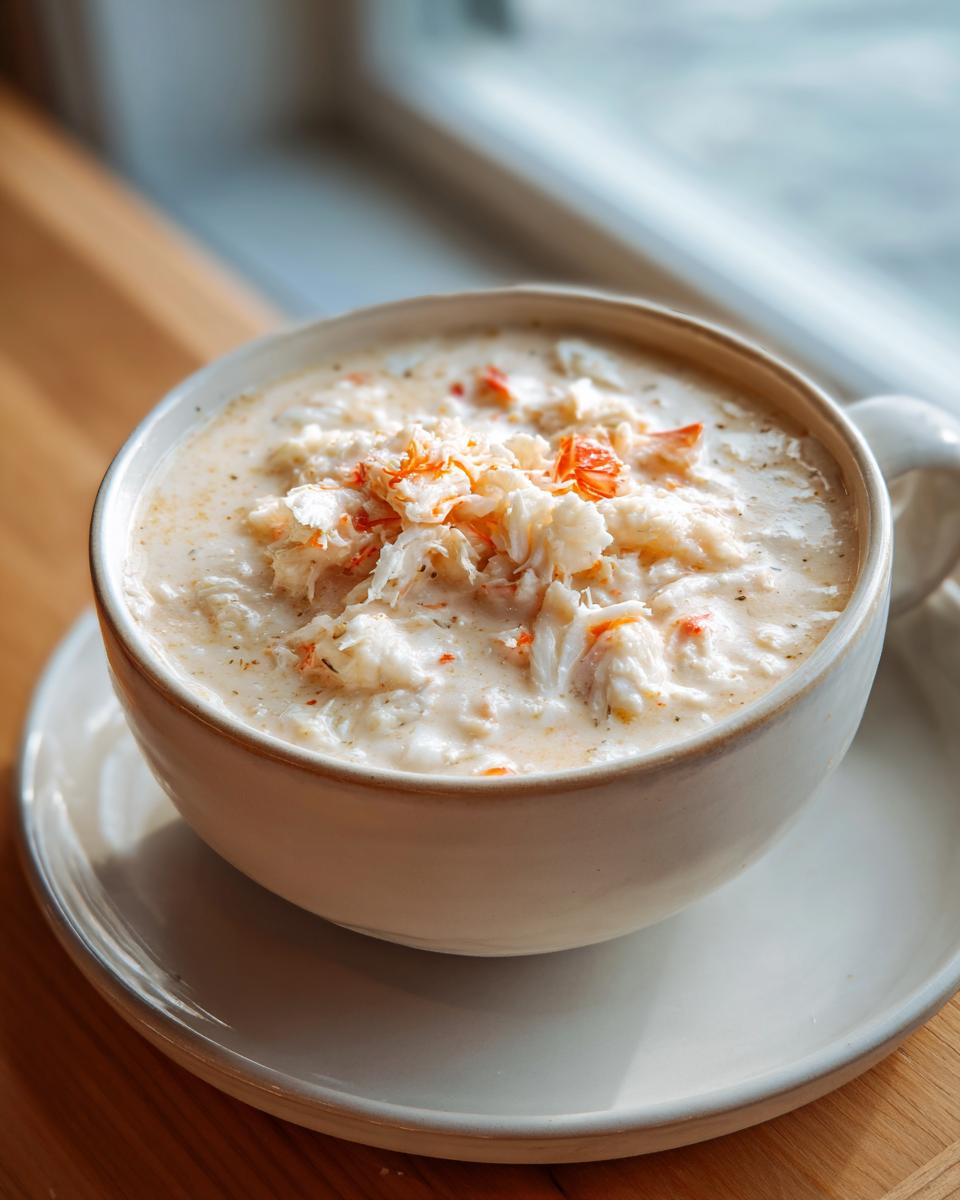 A close-up of a creamy bowl of she crab soup generously topped with lump crab meat.