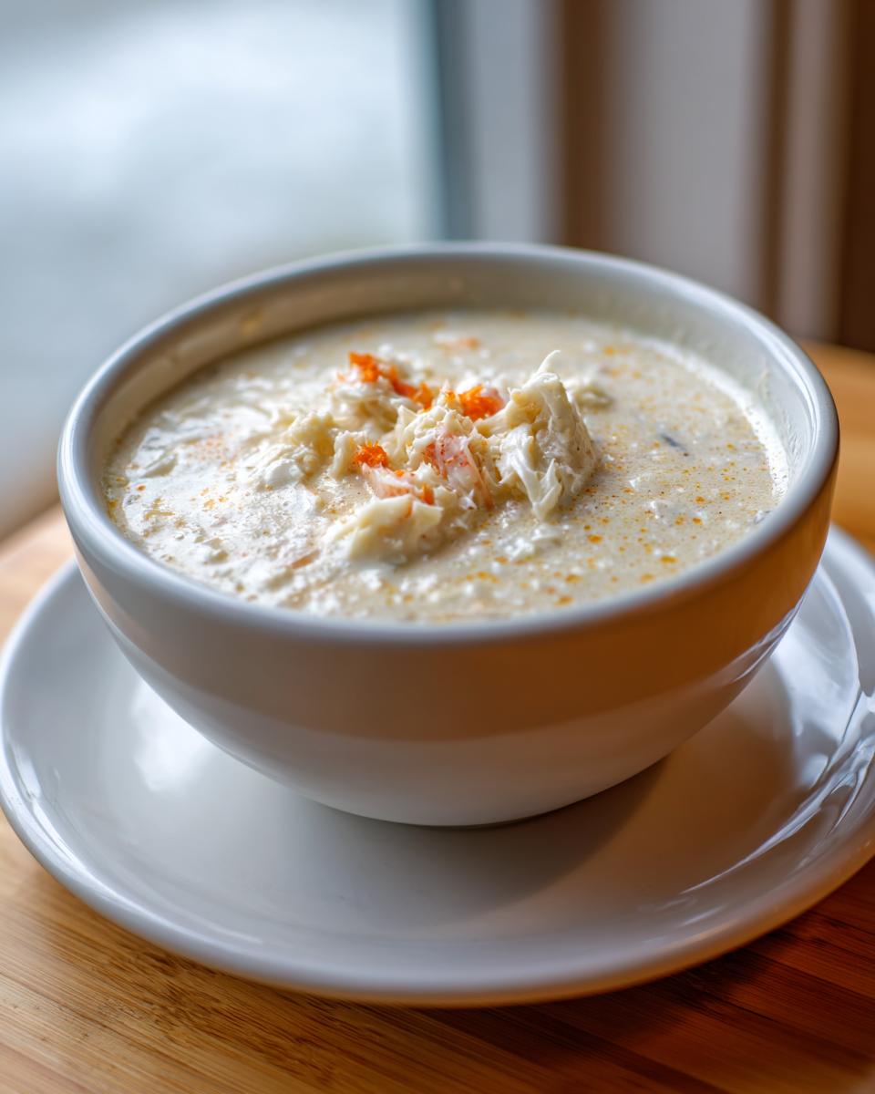 Close-up of a creamy bowl of amazing she crab soup topped with visible crab meat and roe.