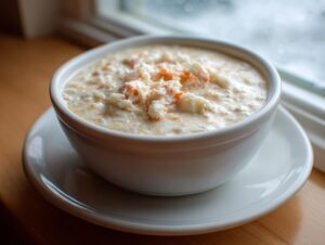 A white bowl filled with creamy she crab soup, topped with visible crab meat, sitting on a saucer near a window.
