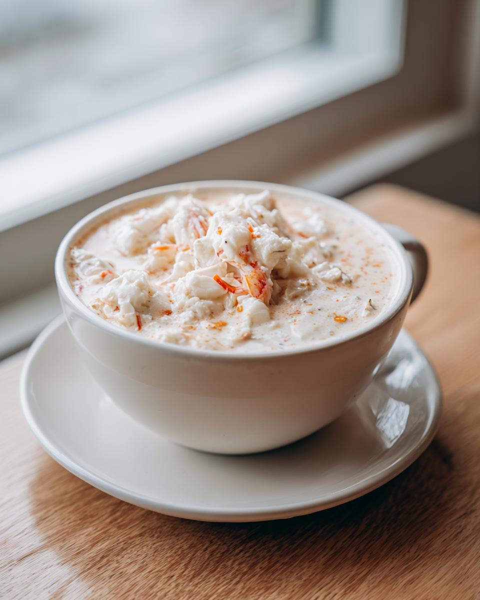 A close-up of creamy she crab soup served in a white mug, generously topped with large chunks of white crab meat.