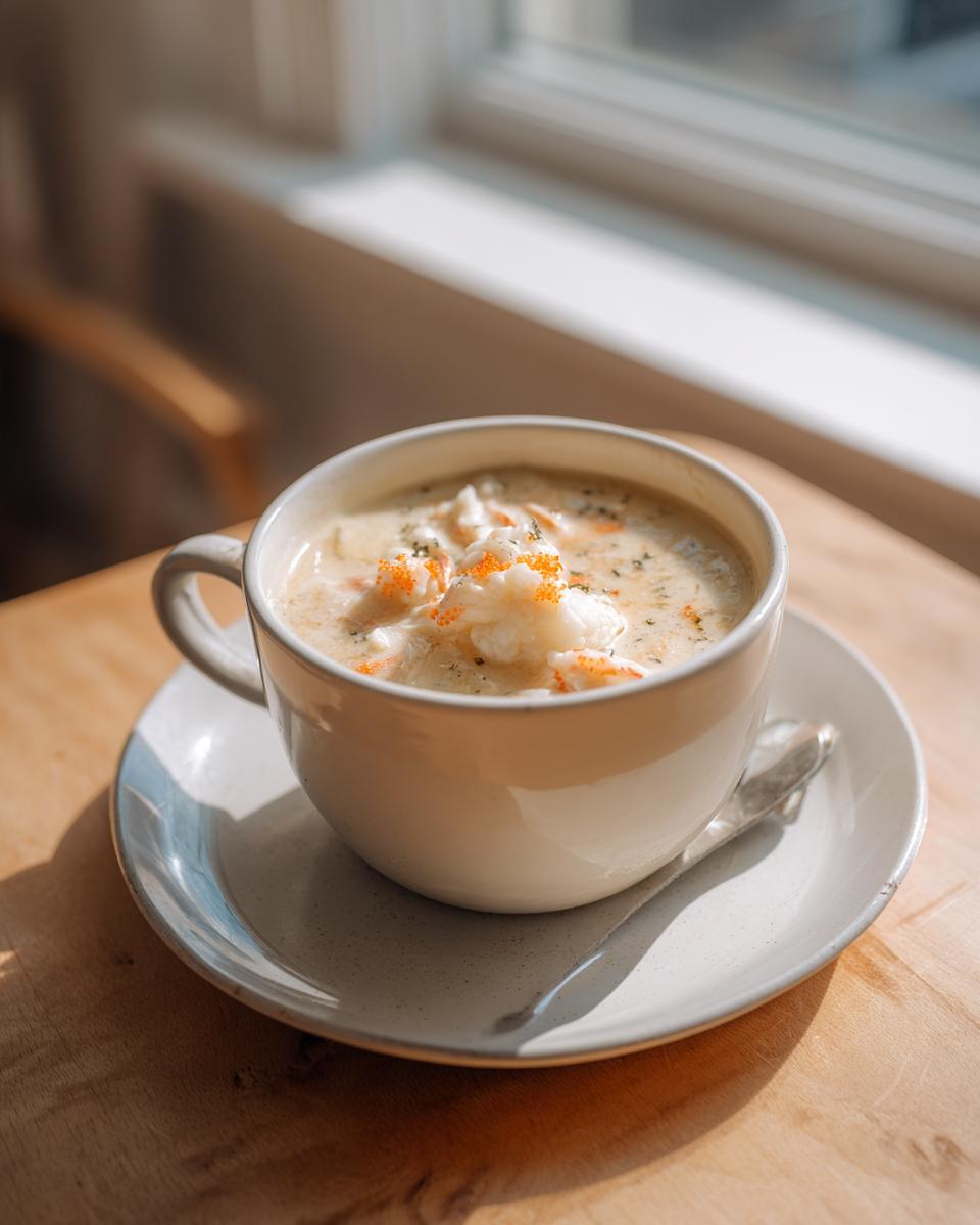 A creamy bowl of she crab soup, topped with crab meat and bright orange roe, served in a white mug on a wooden table.