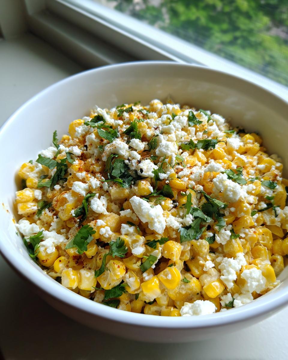 A close-up view of a white bowl filled with creamy street corn salad, topped generously with cotija cheese, cilantro, and chili powder.