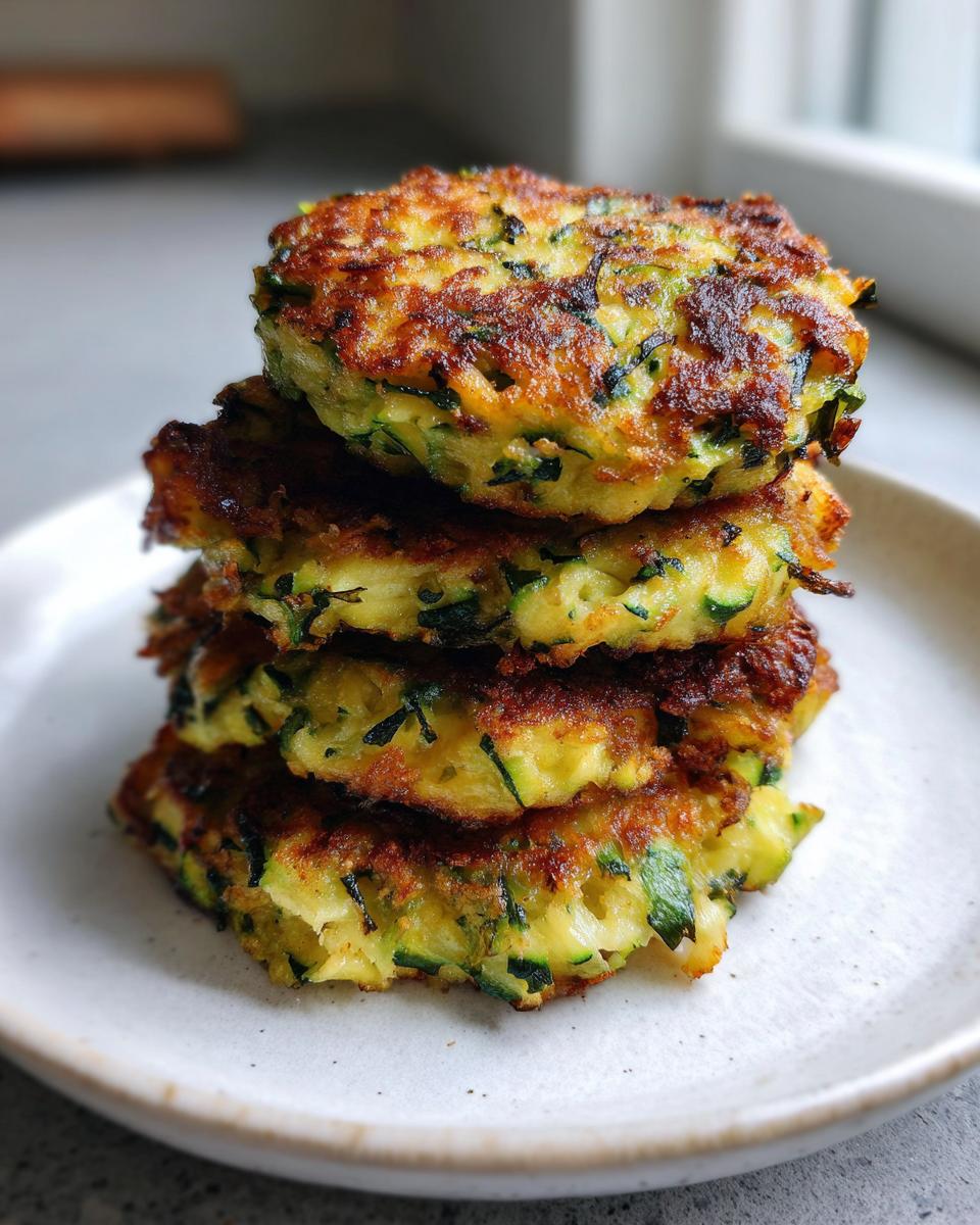 A tall stack of four golden-brown, crispy air fryer zucchini fritters served on a light ceramic plate.
